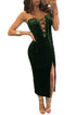 Olive Green Velvet Lace up Strapless Slit Dress